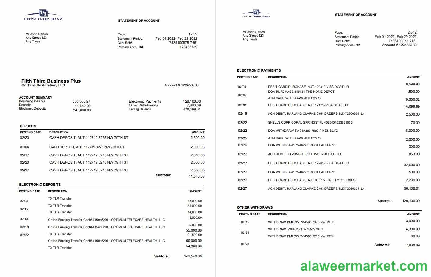 USA Fifth Third Bank statement, Word and PDF template, 2 pages
